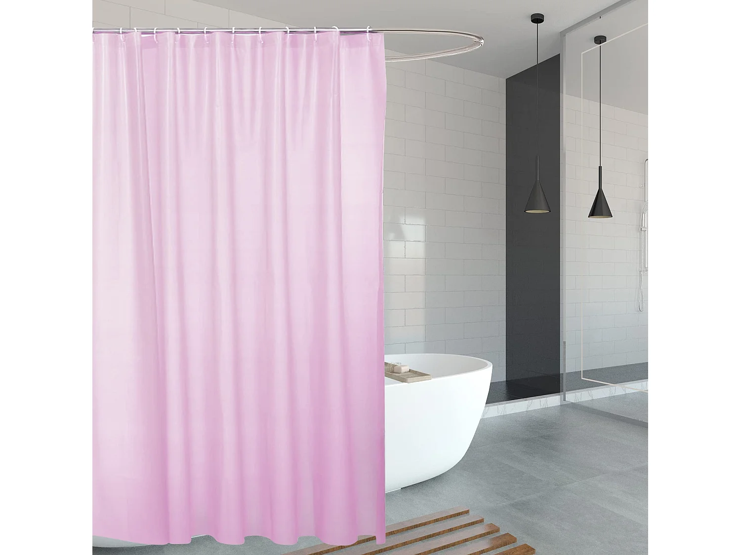 Rideau de douche 180 cm x 180 cm, imperméable, lavable, avec 12 crochets, couleurs unies (rose clair)