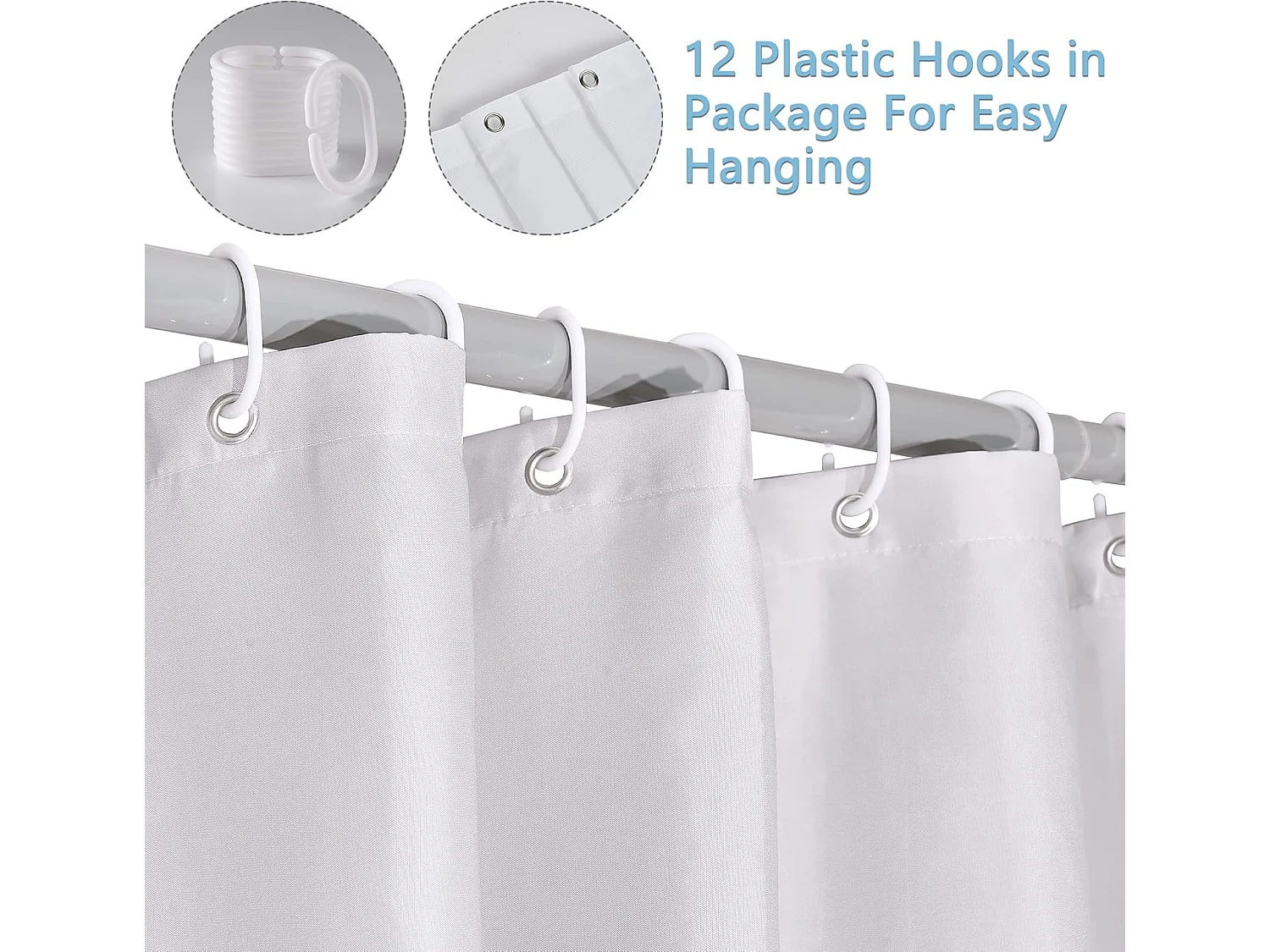 Rideau de douche imperméable en polyester, lavable en machine, avec 12 crochets, 240 x 200 cm, blanc