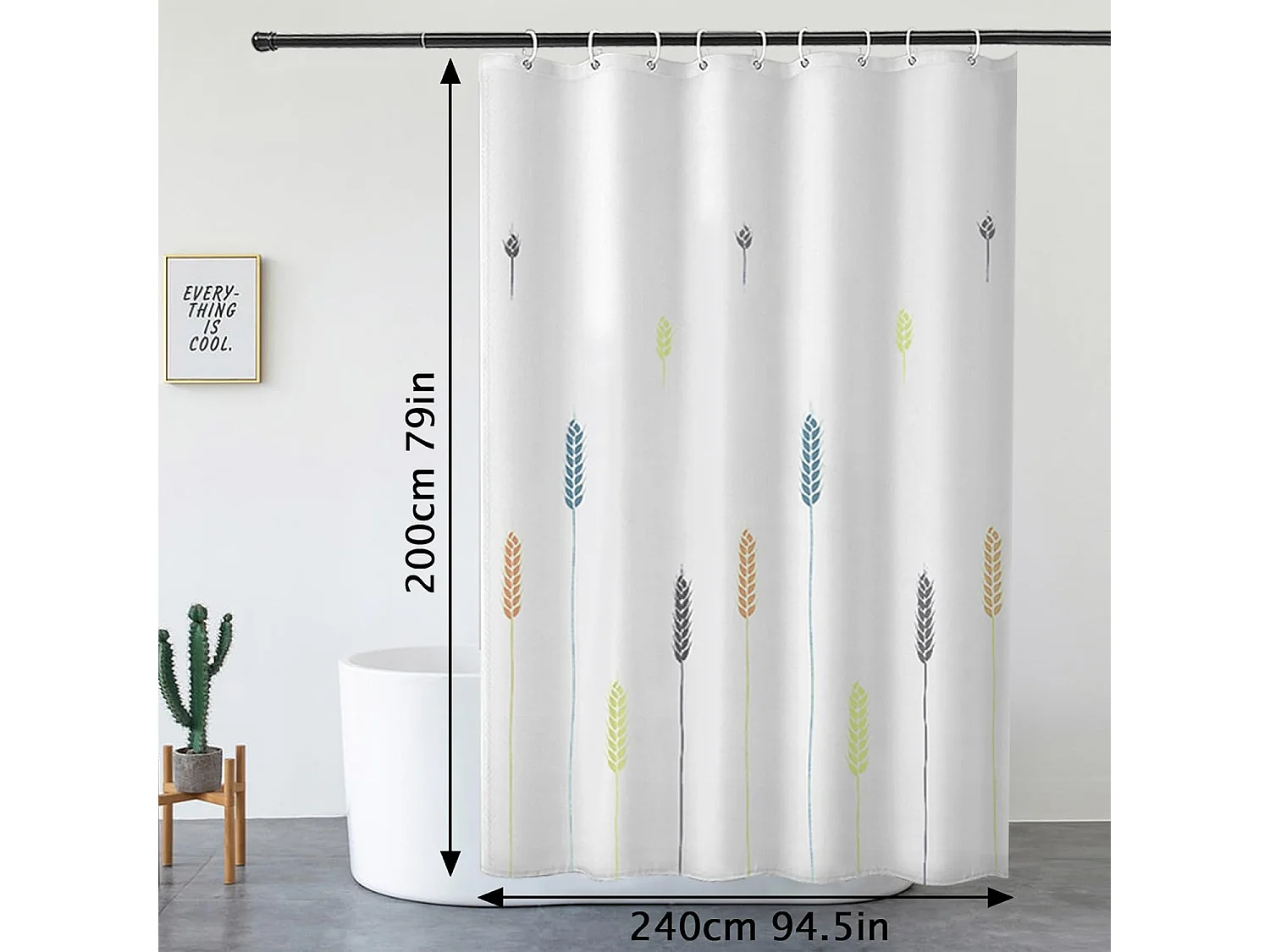 Rideau de douche imperméable en polyester, lavable en machine, avec 12 crochets, 240 x 200 cm, blanc