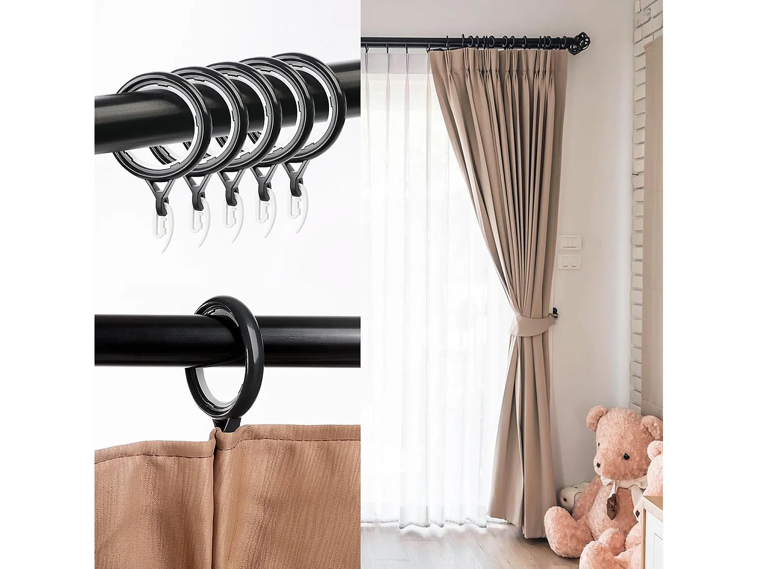 32 Anneaux Plastique pour Rail Rideaux - Crochets pour Douche, Fenêtres, 35 mm, Faciles à Installer (Noir)