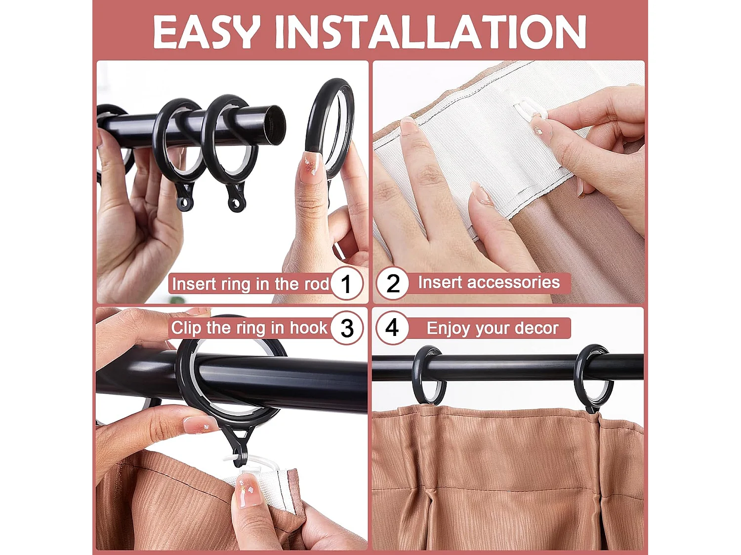 32 Anneaux Plastique pour Rail Rideaux - Crochets pour Douche, Fenêtres, 35 mm, Faciles à Installer (Noir)