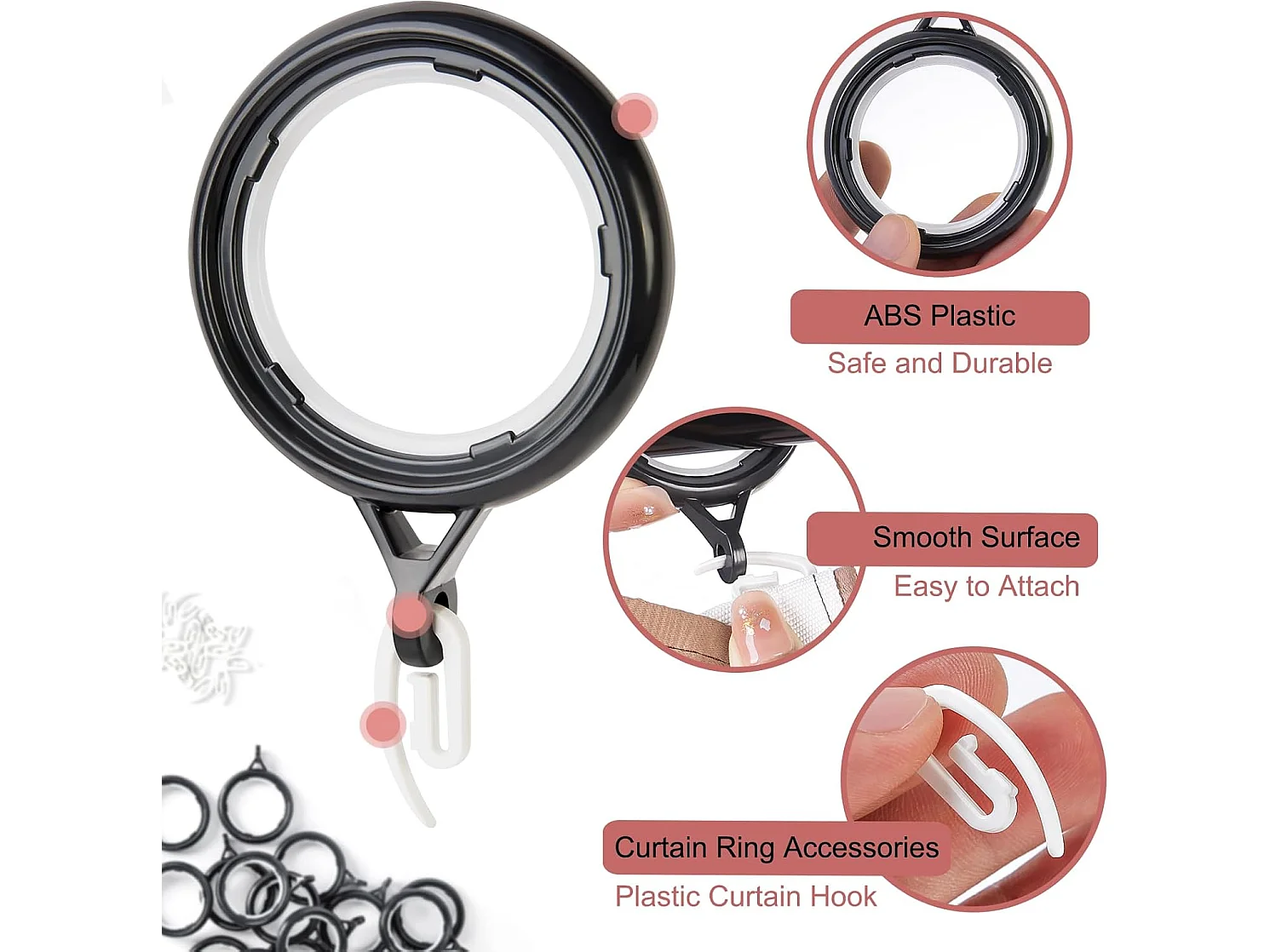 32 Anneaux Plastique pour Rail Rideaux - Crochets pour Douche, Fenêtres, 35 mm, Faciles à Installer (Noir)
