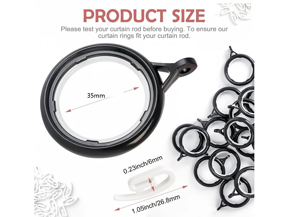 32 Anneaux Plastique pour Rail Rideaux - Crochets pour Douche, Fenêtres, 35 mm, Faciles à Installer (Noir)