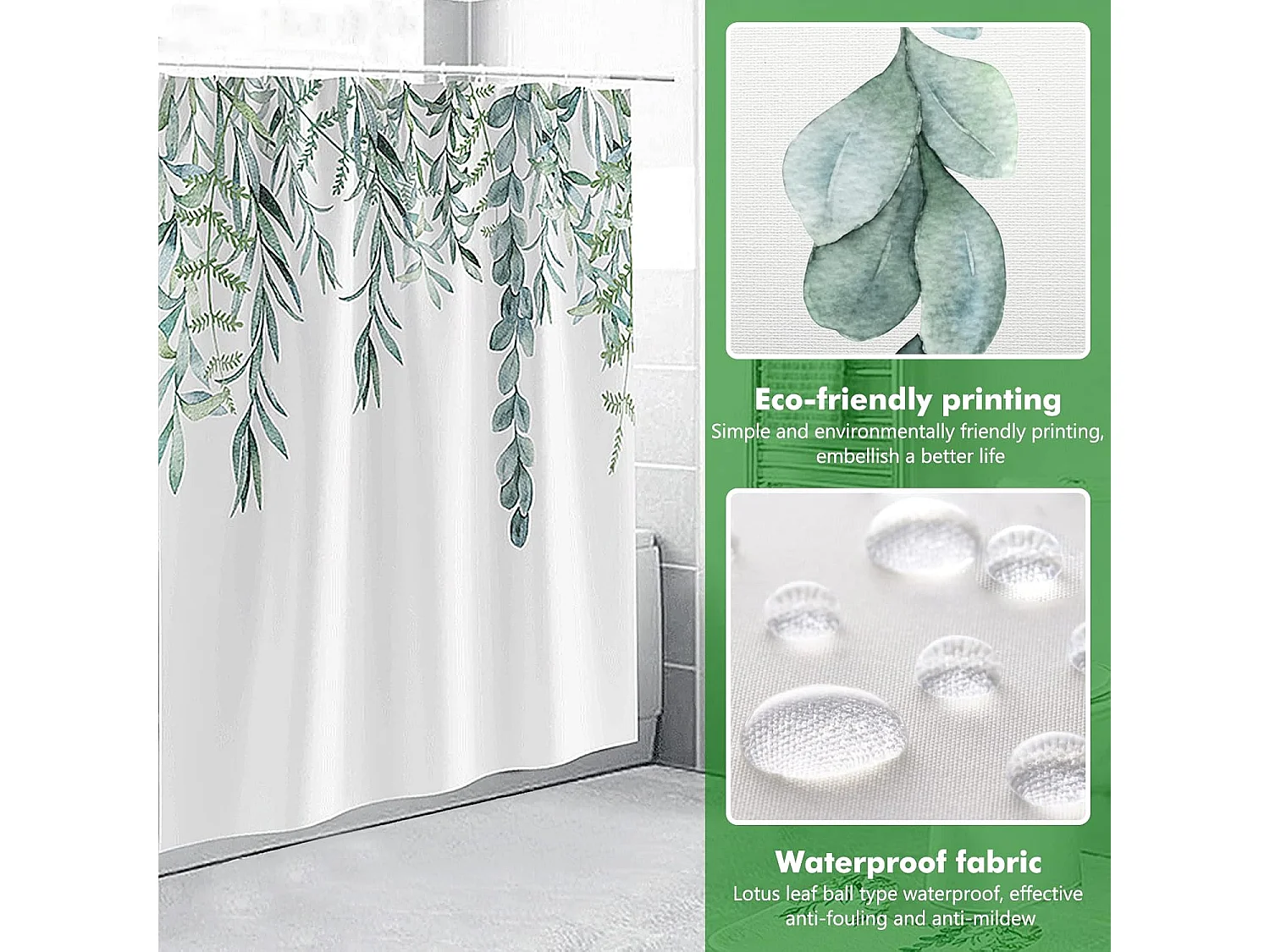 Rideau de Douche Ètanche Anti-Moisissure Rideau Salle de Bain Polyester Impression Plante Feuille Verte Lavable avec 12 Crochets en C pour Domicile