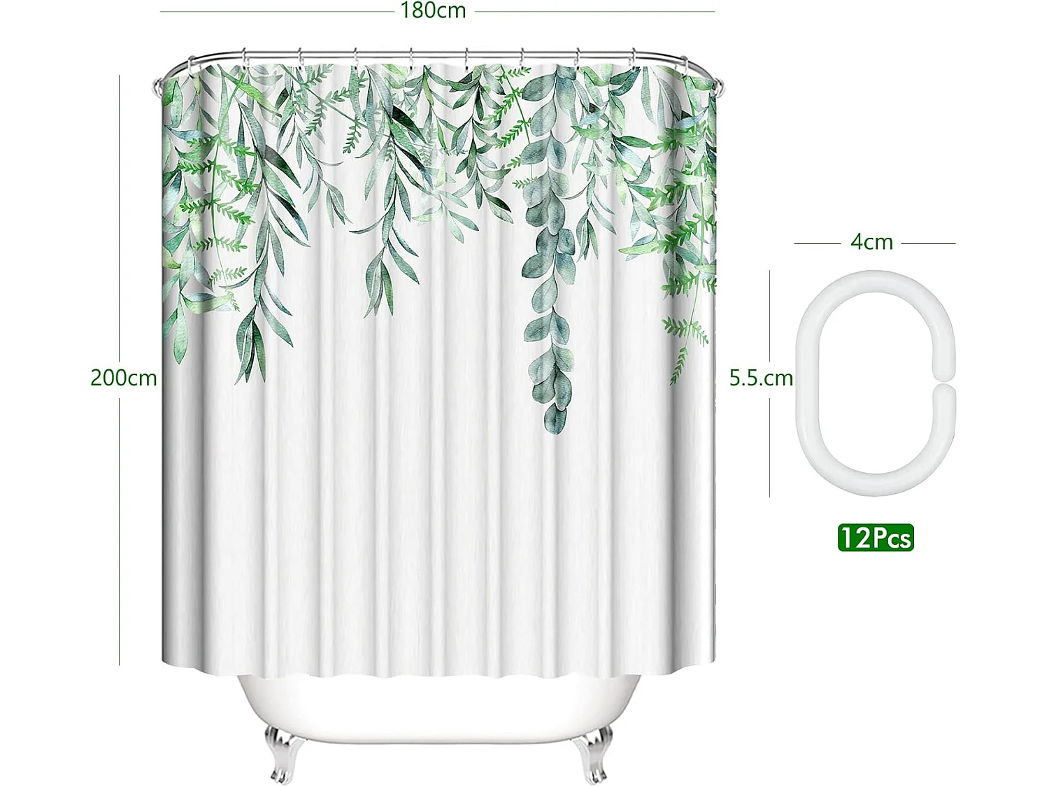 Rideau de Douche Ètanche Anti-Moisissure Rideau Salle de Bain Polyester Impression Plante Feuille Verte Lavable avec 12 Crochets en C pour Domicile