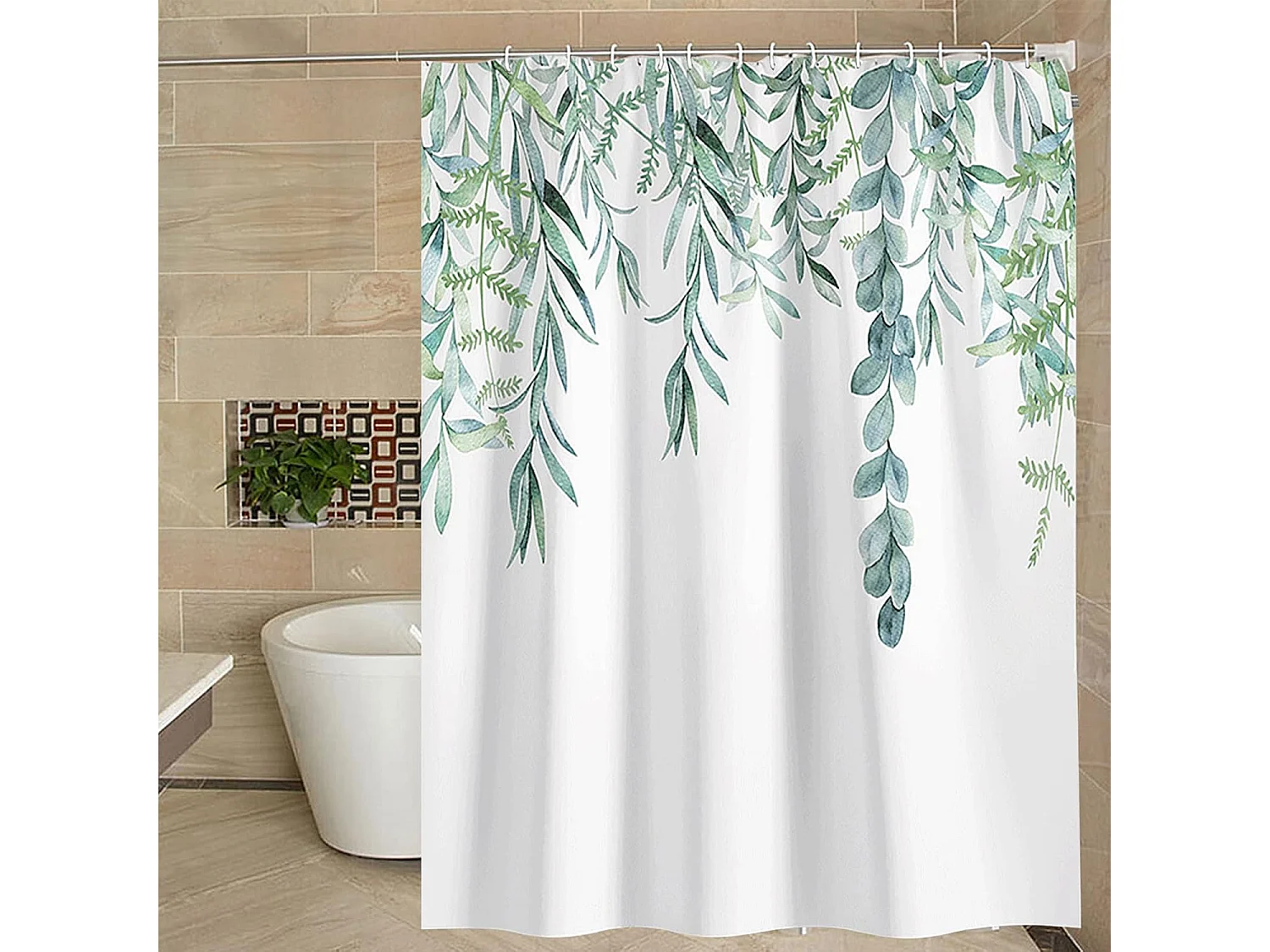 Rideau de Douche Ètanche Anti-Moisissure Rideau Salle de Bain Polyester Impression Plante Feuille Verte Lavable avec 12 Crochets en C pour Domicile