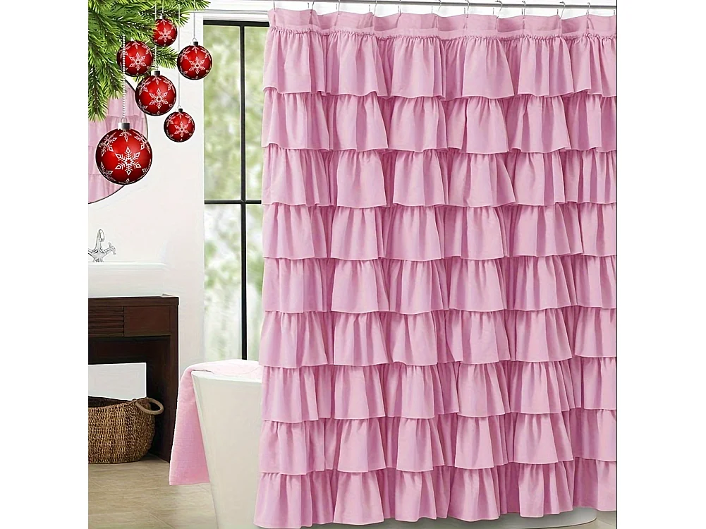 Rideau de douche plissé patchwork en tissu à volants rose 1 pièce, décor de salle de bain moderne et rustique（180*180）