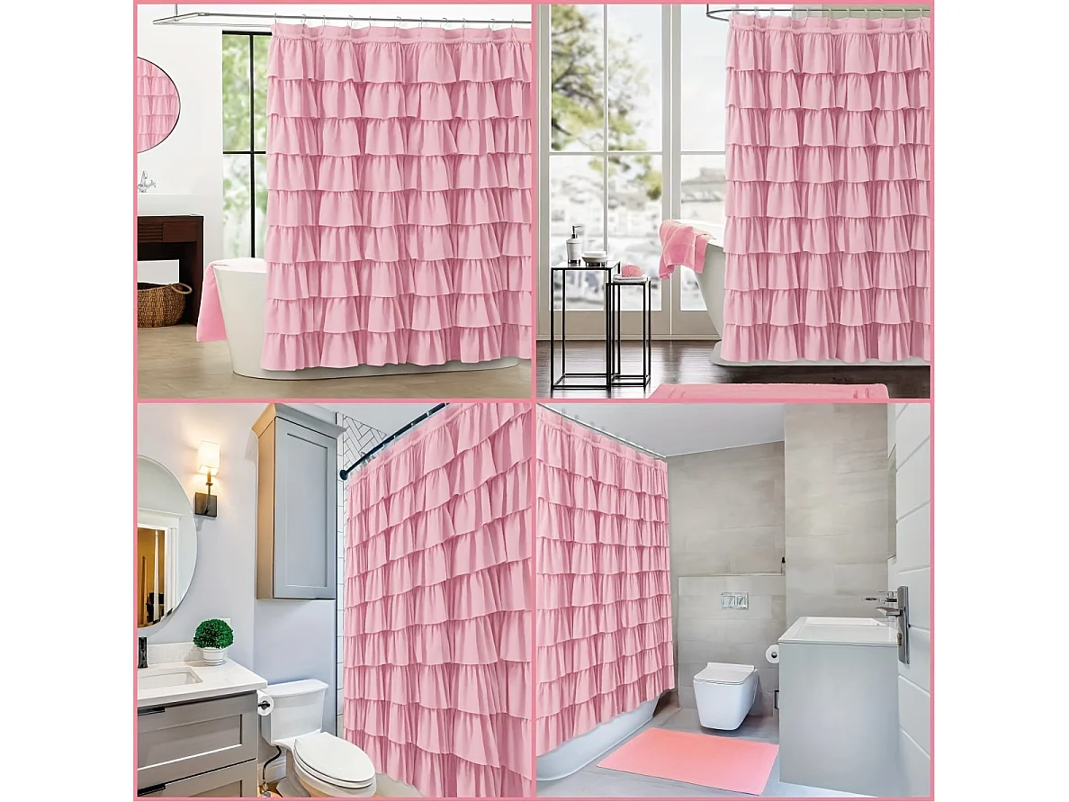 Rideau de douche plissé patchwork en tissu à volants rose 1 pièce, décor de salle de bain moderne et rustique（180*180）