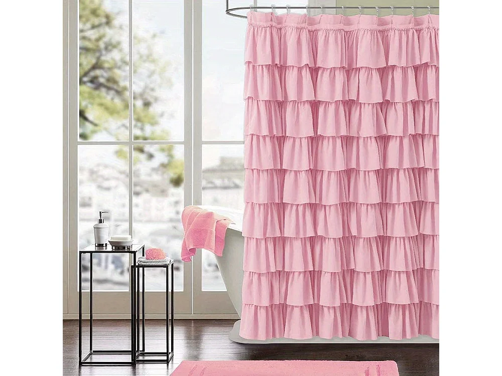 Rideau de douche plissé patchwork en tissu à volants rose 1 pièce, décor de salle de bain moderne et rustique（180*180）