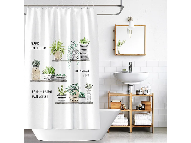 Rideau Douche Anti Moisissure étanche motif plantes en pot, Rideau de Douche pour Salle de Bain, 180 x 180 cm