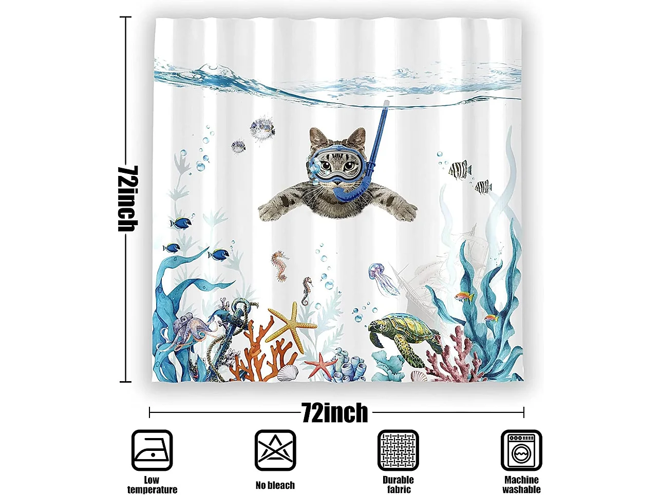 Rideau de Douche 180 x 180 cm Plongée Chat Océan Imprimé Imperméable Rideau de Bain Lavable Anti Tissu Polyester à Séchage Rapide  avec 12 Crochets