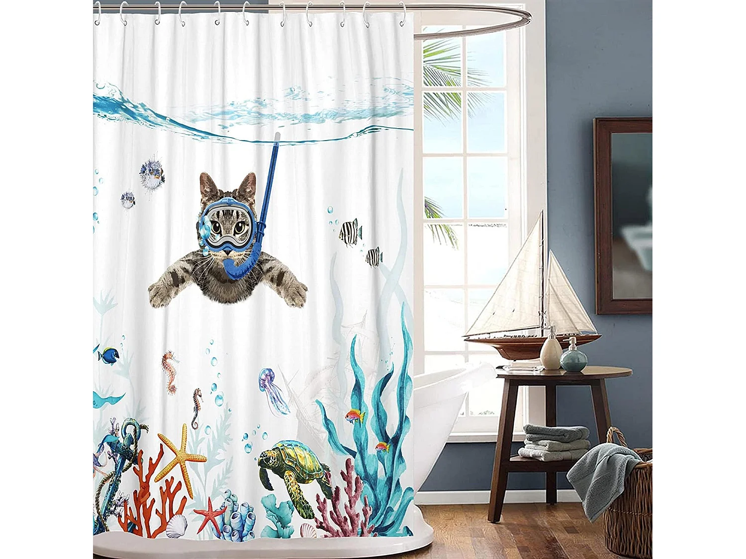 Rideau de Douche 180 x 180 cm Plongée Chat Océan Imprimé Imperméable Rideau de Bain Lavable Anti Tissu Polyester à Séchage Rapide  avec 12 Crochets