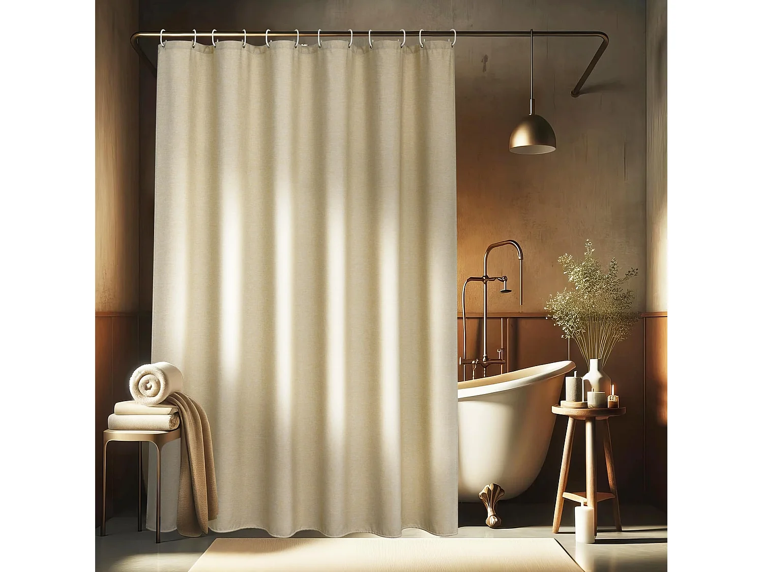 Rideau de douche imitation lin, rideau de séparation salle de bain, 180*200cm, kaki