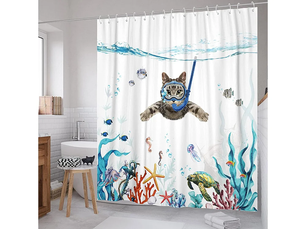 Rideau de douche motif chat amusant, bleu sarcelle, imperméable, étoile de mer, tortue, décoration nautique pour salle de bain (bleu, 180 x 200 cm)