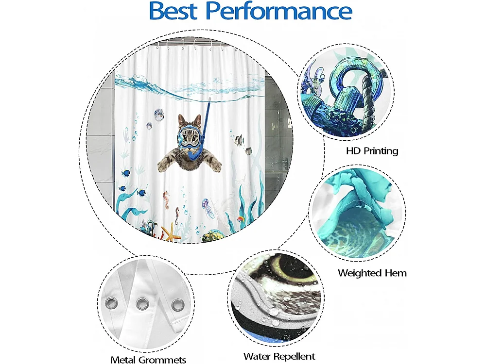 Rideau de douche motif chat amusant, bleu sarcelle, imperméable, étoile de mer, tortue, décoration nautique pour salle de bain (bleu, 180 x 200 cm)