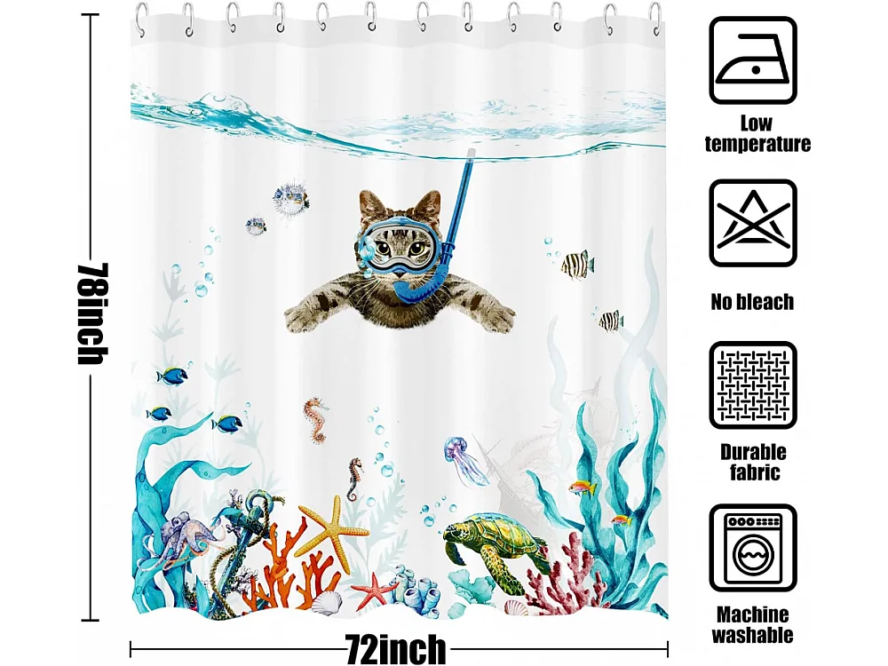 Rideau de douche motif chat amusant, bleu sarcelle, imperméable, étoile de mer, tortue, décoration nautique pour salle de bain (bleu, 180 x 200 cm)
