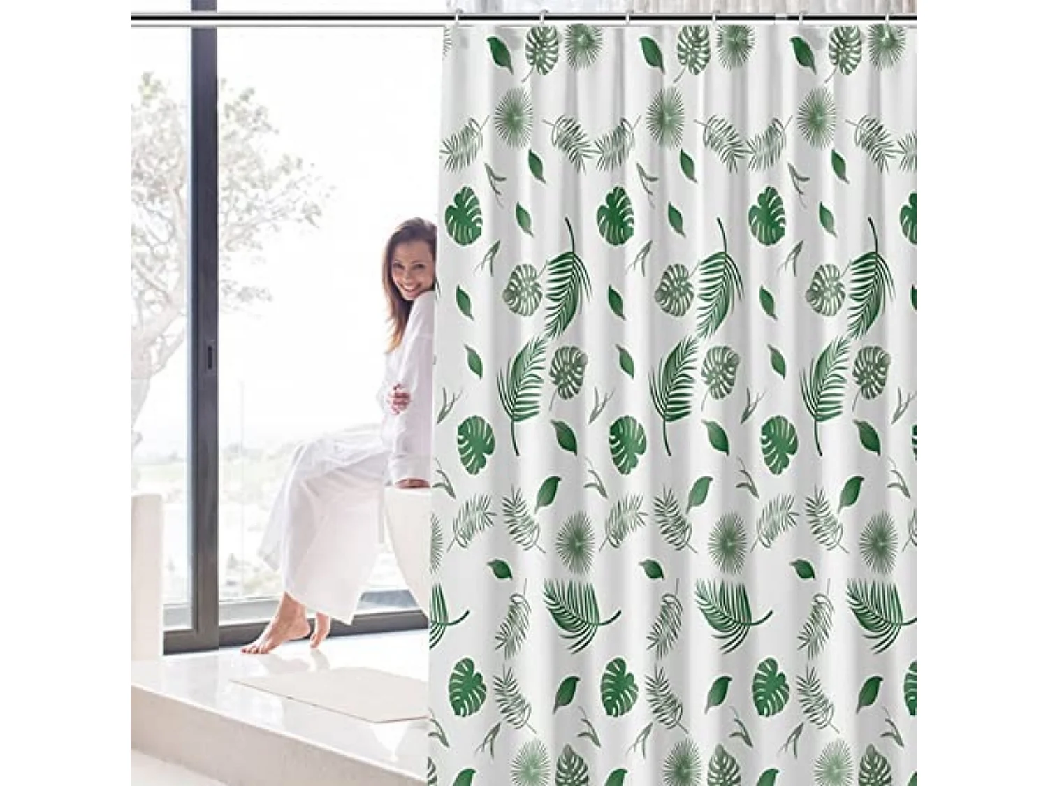 Rideau de douche imperméable et anti-moisissure, rideau de séparation de salle de bain, 180*180cm, fond blanc avec feuilles vertes