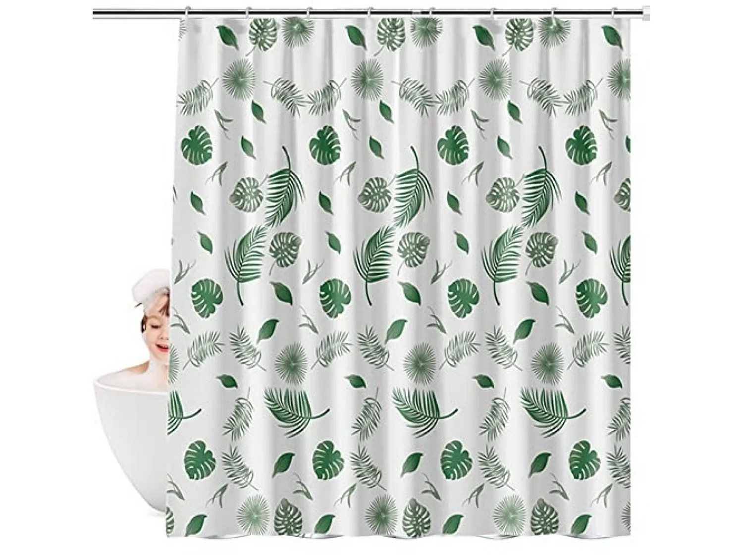 Rideau de douche imperméable et anti-moisissure, rideau de séparation de salle de bain, 180*180cm, fond blanc avec feuilles vertes