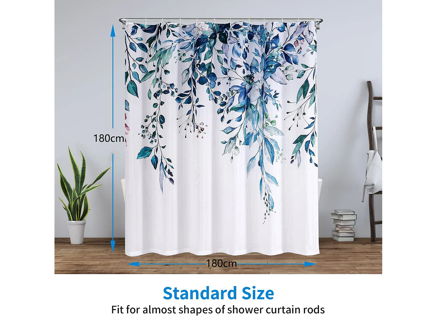 Rideau de douche imprimé numériquement sans perforation, rideau de salle de bain en polyester, 180*180cm, bleu, avec 12 crochets
