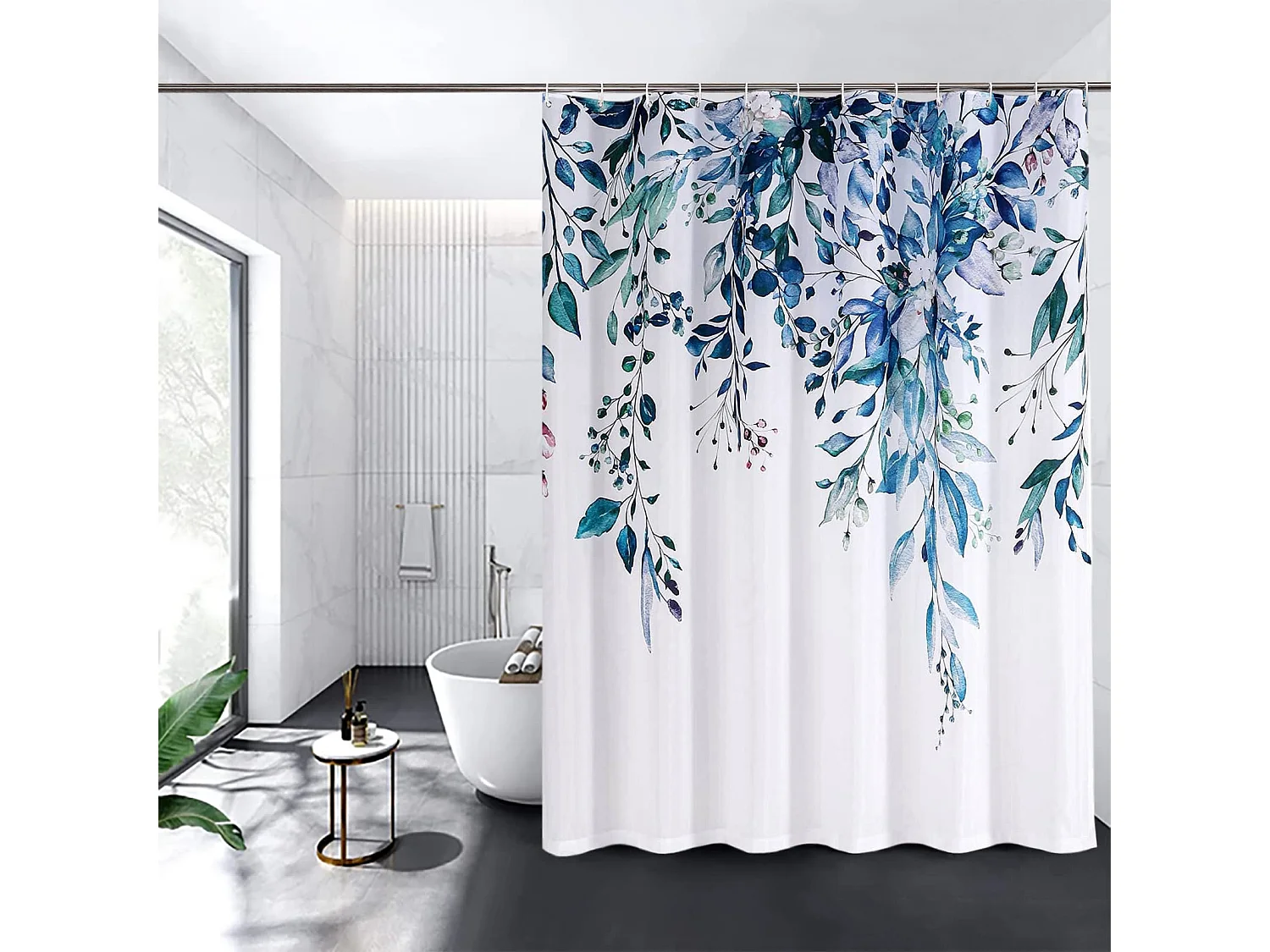 Rideau de douche imprimé numériquement sans perforation, rideau de salle de bain en polyester, 180*180cm, bleu, avec 12 crochets