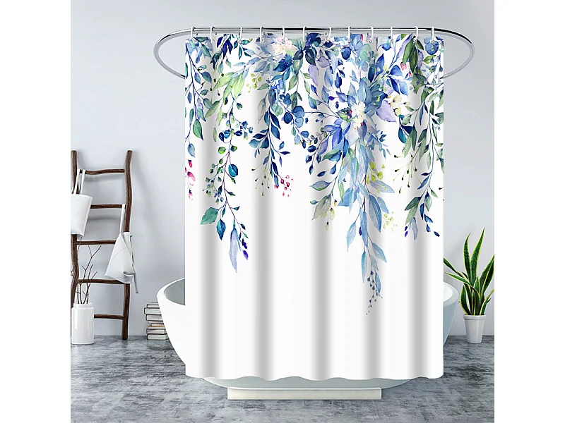Rideau de douche imprimé numériquement sans perforation, rideau de salle de bain en polyester, 180*180cm, bleu, avec 12 crochets