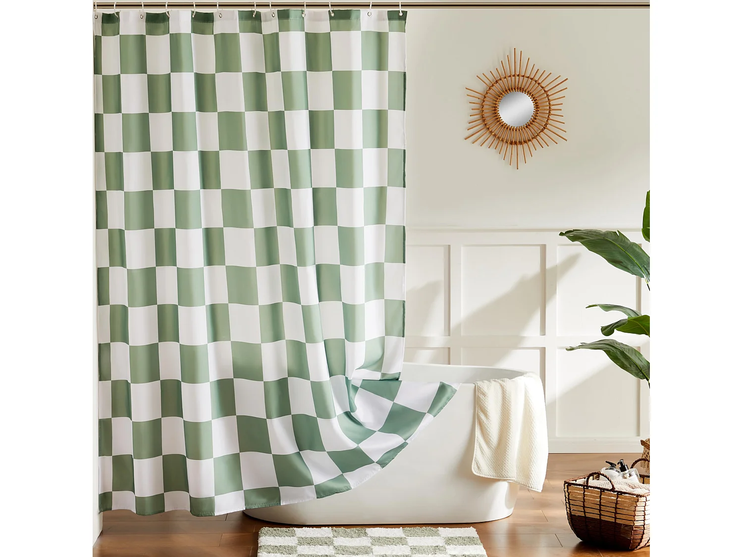 Rideau de douche à carreaux pour salle de bain, rideau de douche à motif damier rétro, rideau de douche lavable en machine, 180*180cm, vert