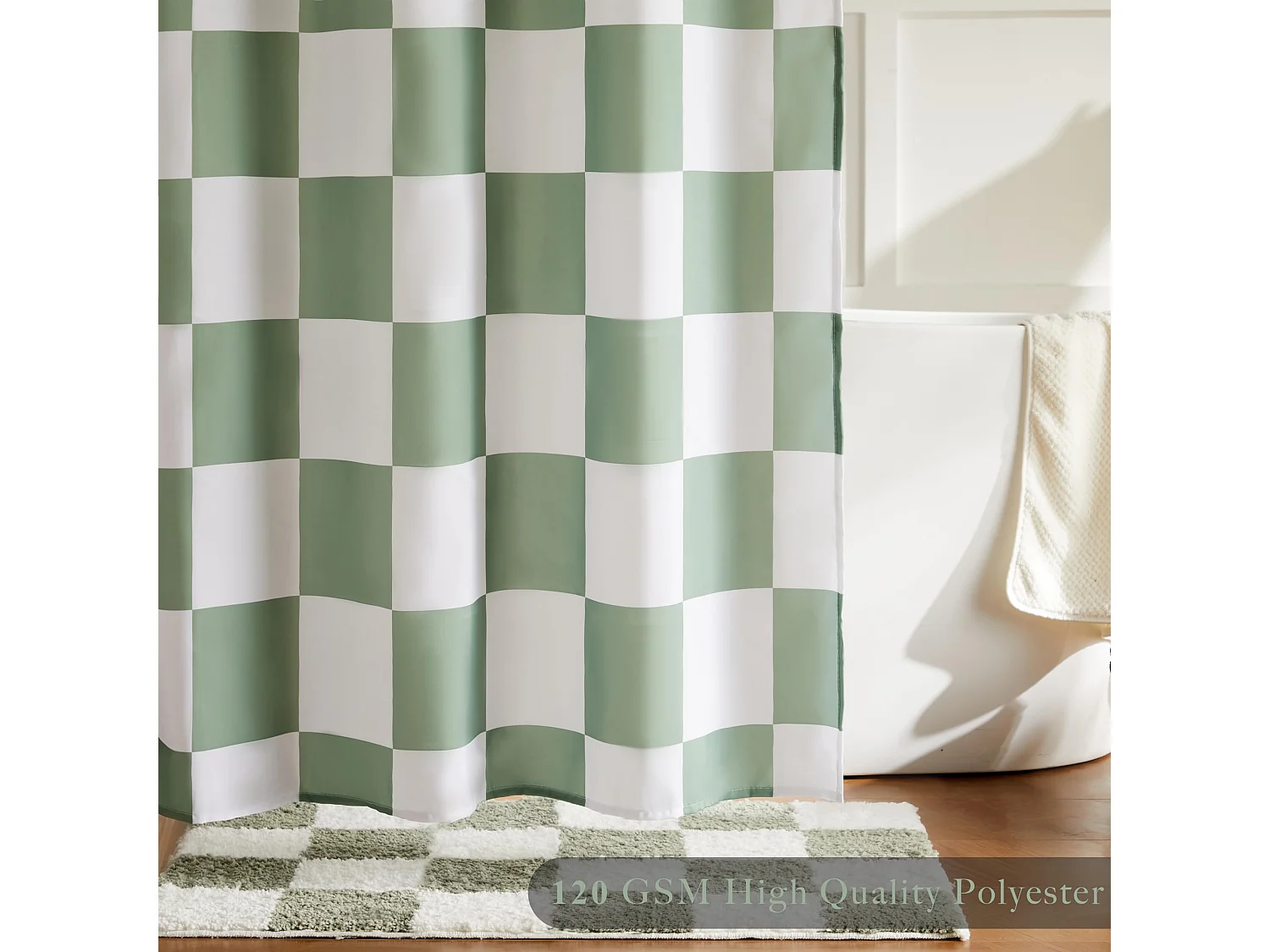 Rideau de douche à carreaux pour salle de bain, rideau de douche à motif damier rétro, rideau de douche lavable en machine, 180*180cm, vert