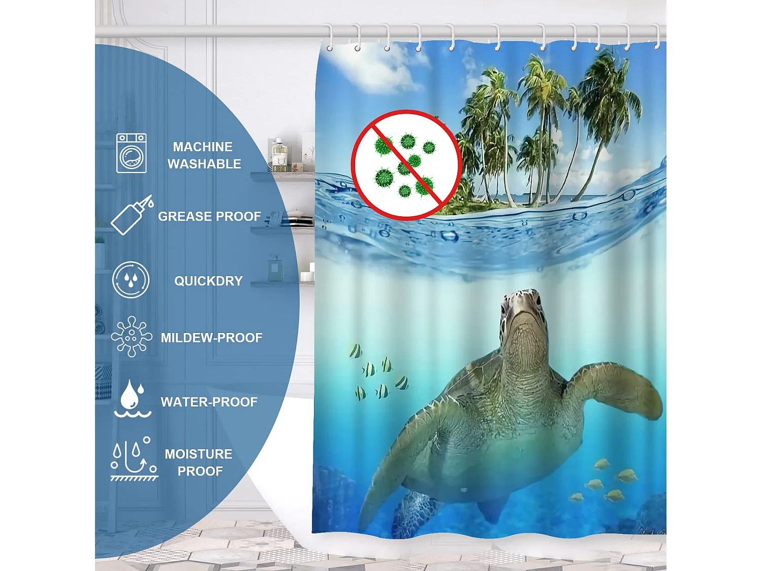 Rideau de Douche 100% Polyester pour Baignoire et Salle de Bains, Lavables, Anti-moisissure et Antibactérien 180cm x 180 cm (motif  de tortue)