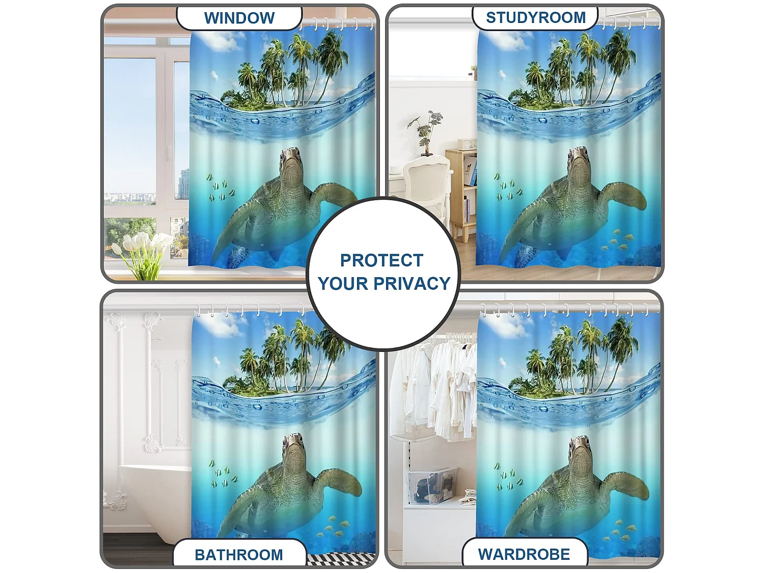 Rideau de Douche 100% Polyester pour Baignoire et Salle de Bains, Lavables, Anti-moisissure et Antibactérien 180cm x 180 cm (motif  de tortue)