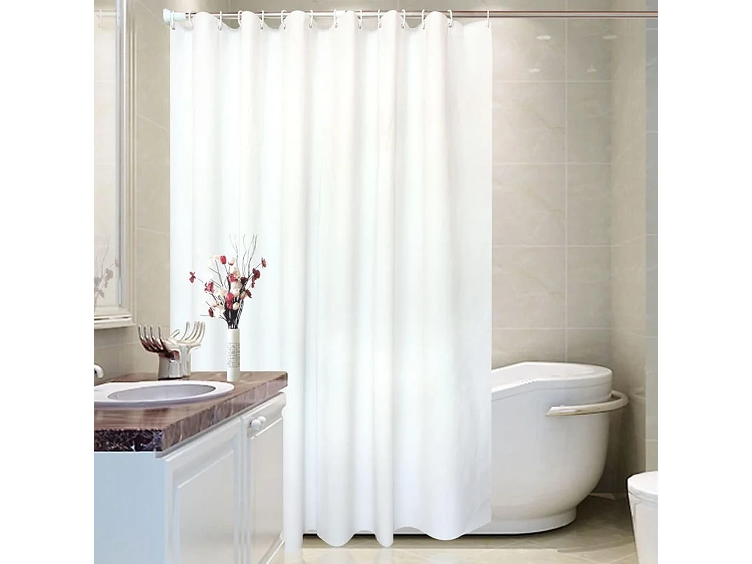 Rideau de douche simple en PEVA de couleur unie, rideau de douche moderne anti-moisissure et imperméable, 180 x 180 cm, blanc, avec crochets