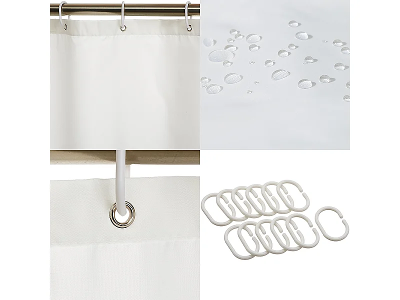 Rideau de douche simple en PEVA de couleur unie, rideau de douche moderne anti-moisissure et imperméable, 180 x 180 cm, blanc, avec crochets