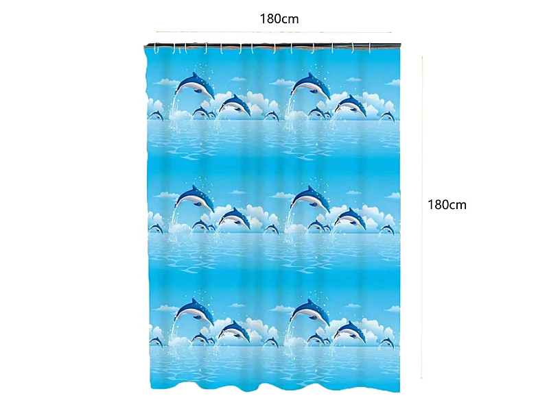 Rideau de douche PEVA bleu dauphin sans perforation, rideau de séparation sec et humide, 180*180cm, avec crochets