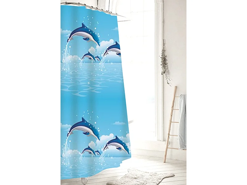 Rideau de douche PEVA bleu dauphin sans perforation, rideau de séparation sec et humide, 180*180cm, avec crochets