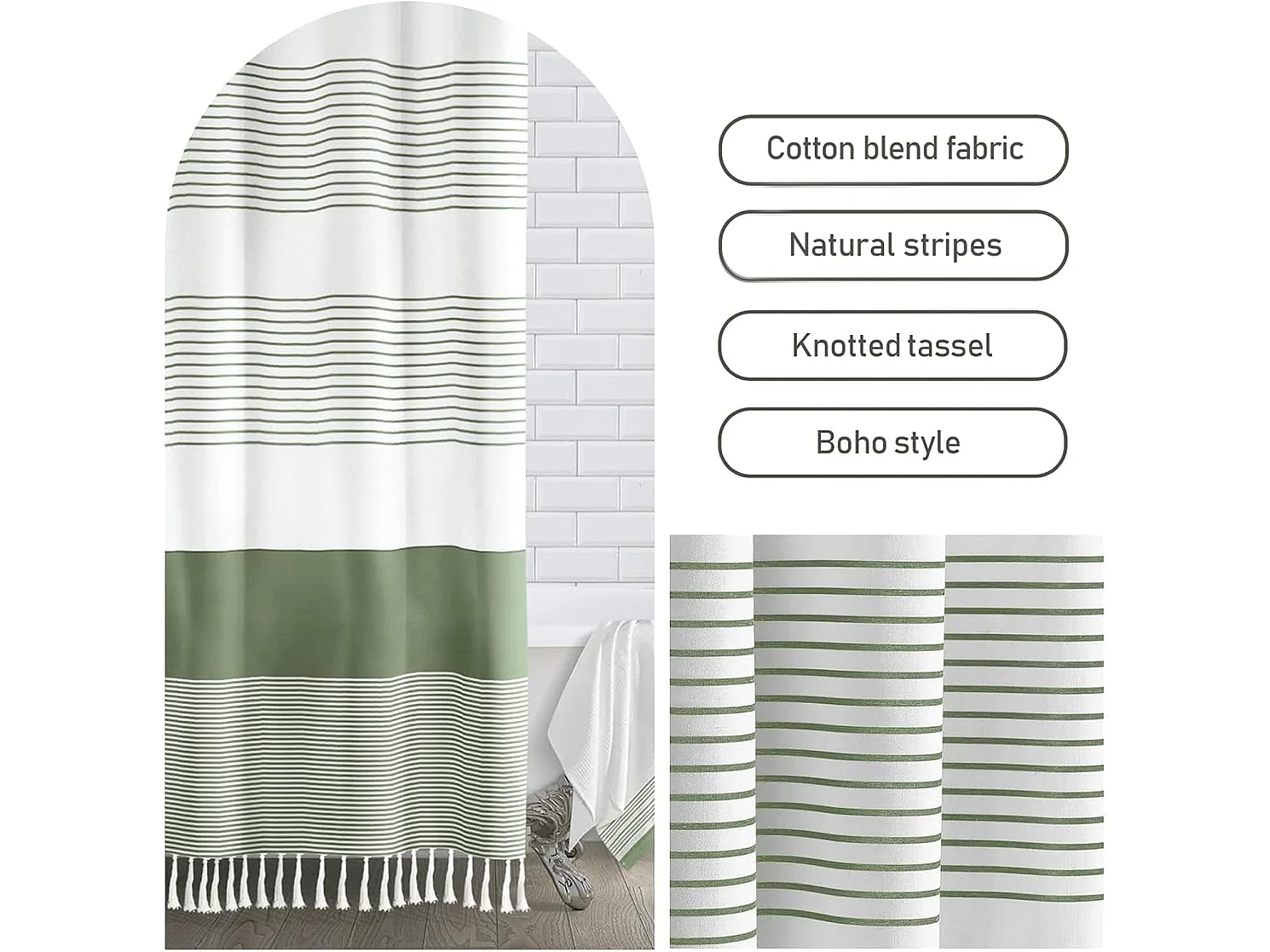 183 x 183 cm Rideau de Douche bohème Vert Sauge pour Salle de Bain – Rideau de Douche à Rayures Lin Rustique