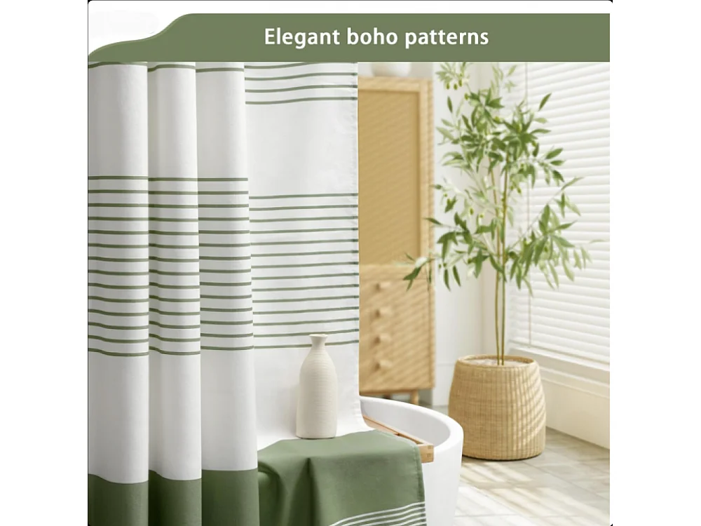 183 x 183 cm Rideau de Douche bohème Vert Sauge pour Salle de Bain – Rideau de Douche à Rayures Lin Rustique