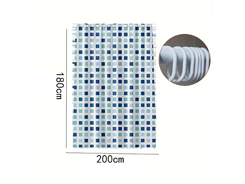 Rideau de douche carré bleu et vert, rideau de douche de dortoir de salle de bains publique, 12 crochets, 180*200cm