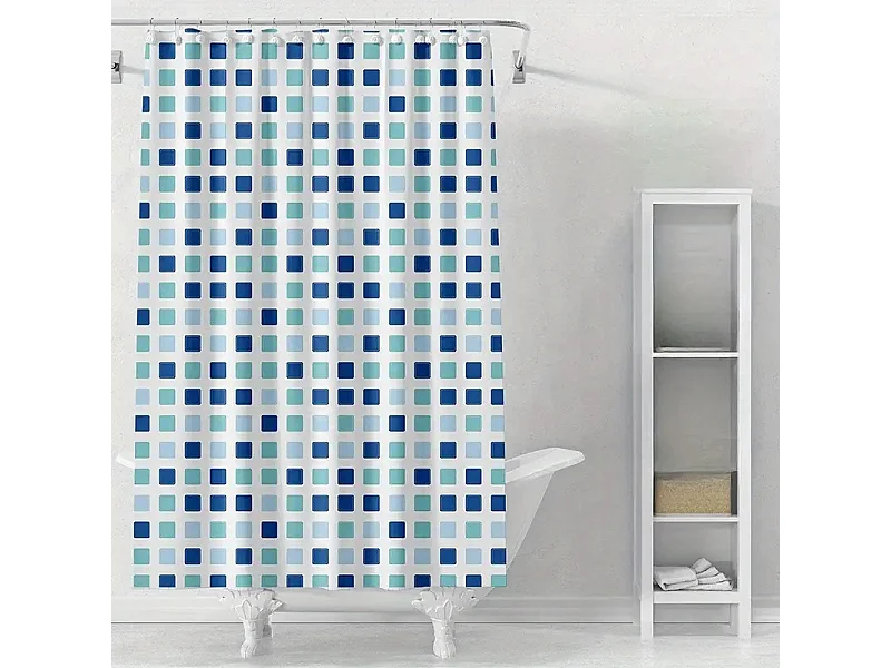Rideau de douche carré bleu et vert, rideau de douche de dortoir de salle de bains publique, 12 crochets, 180*200cm