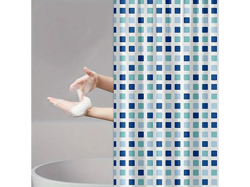 Rideau de douche carré bleu et vert, rideau de douche de dortoir de salle de bains publique, 12 crochets, 180*200cm