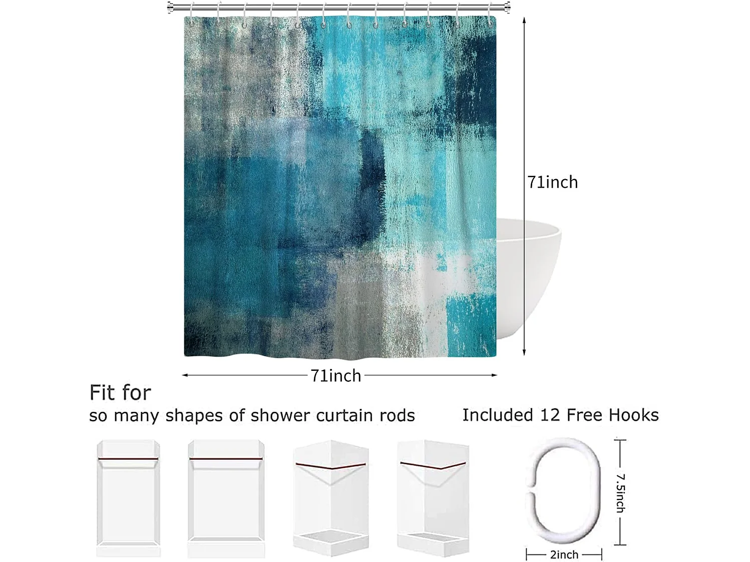 Rideau de Douche Turquoise 180x180, Abstrait Teal Moderne Contemporain Œuvre d'art Rideau de Baignoire Imperméable Tissu Polyester avec Crochets