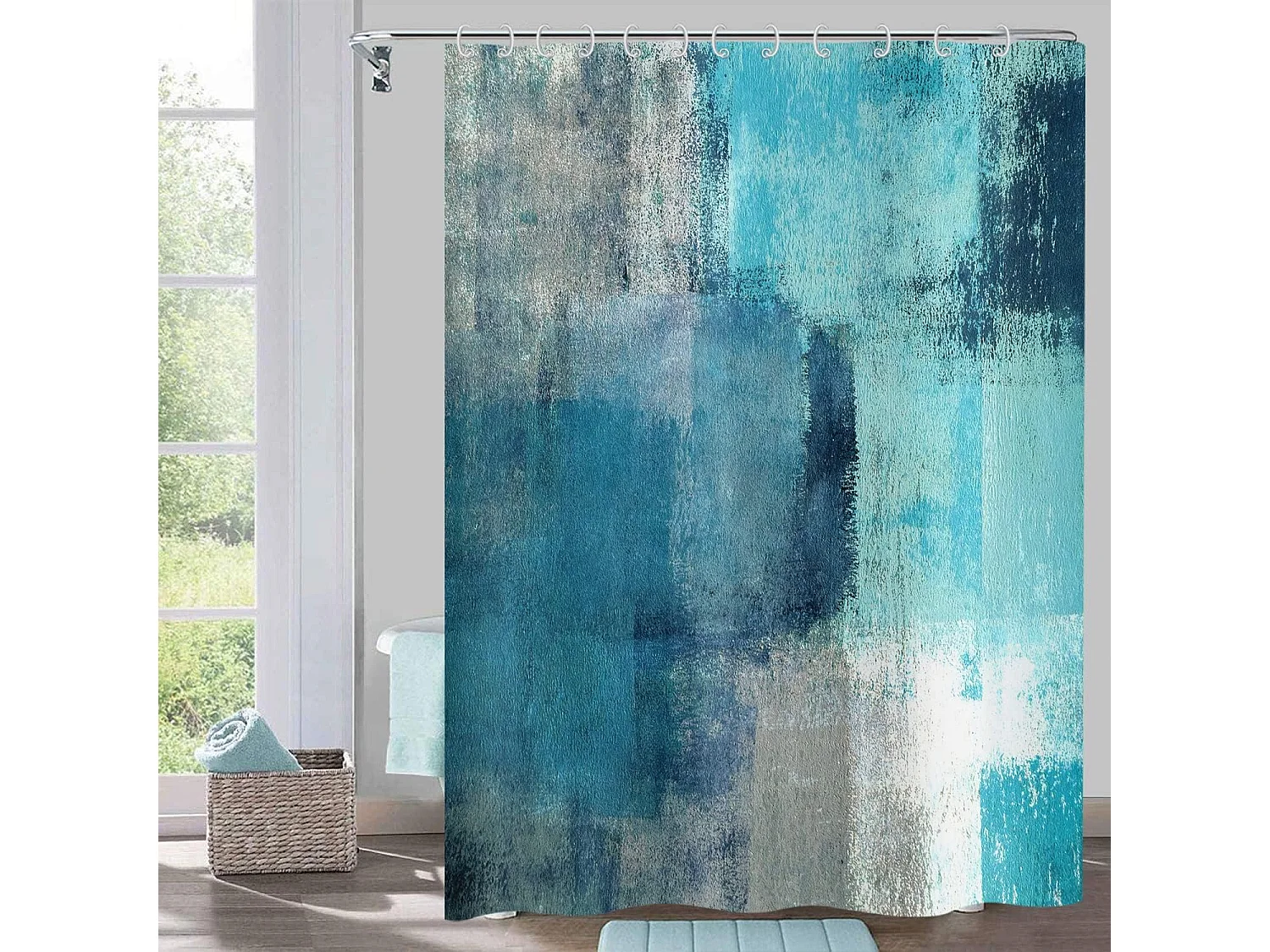 Rideau de Douche Turquoise 180x180, Abstrait Teal Moderne Contemporain Œuvre d'art Rideau de Baignoire Imperméable Tissu Polyester avec Crochets
