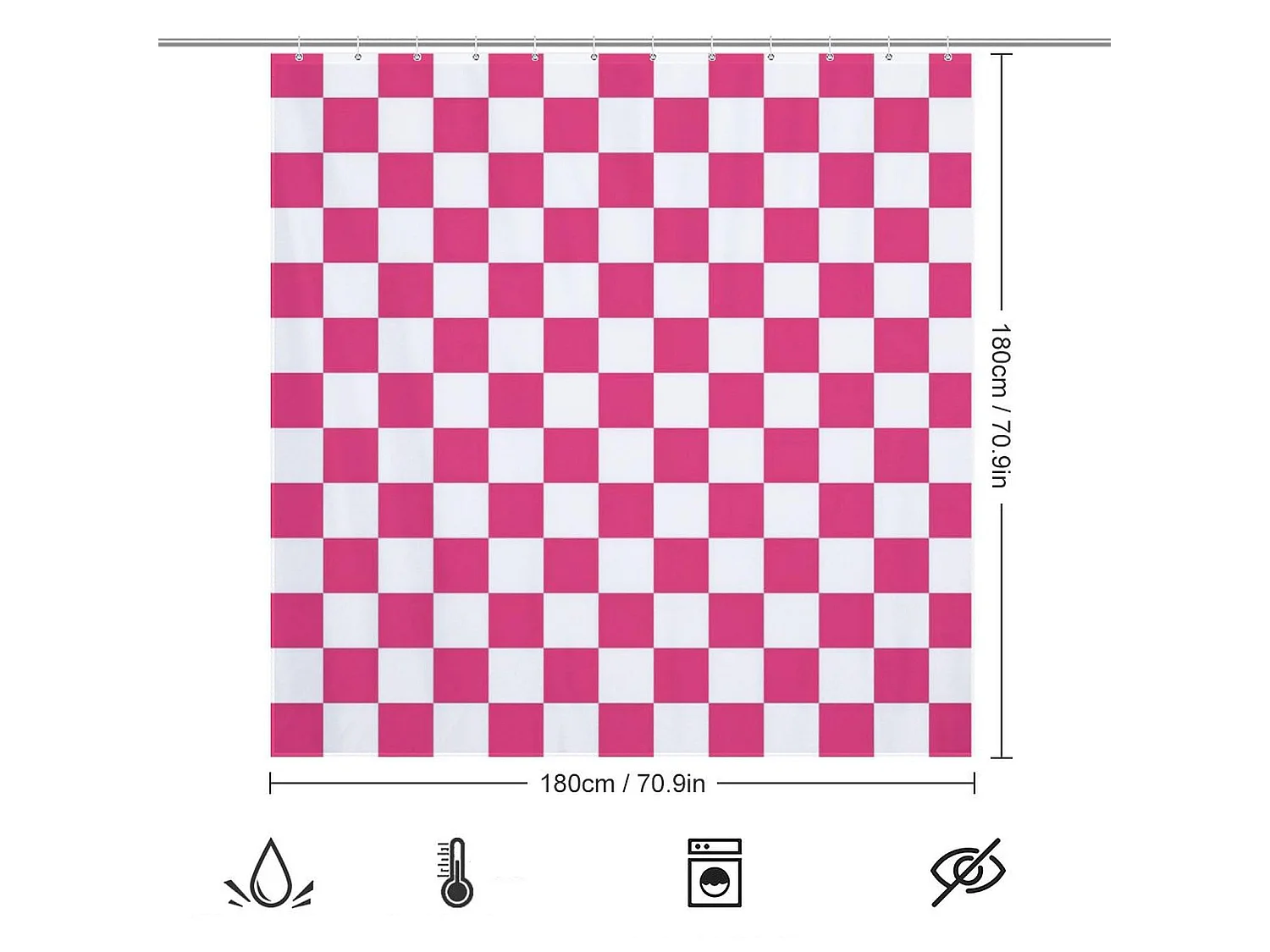 Rideau de douche à carreaux pour salle de bain, joli rideau de douche rétro en damier, rideau de douche lavable, 180*180cm, rose