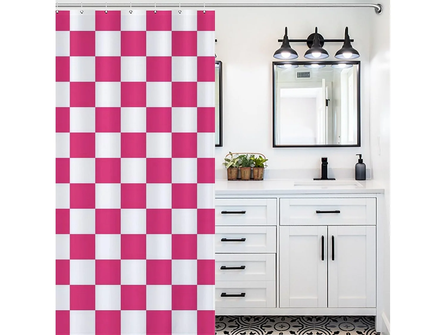 Rideau de douche à carreaux pour salle de bain, joli rideau de douche rétro en damier, rideau de douche lavable, 180*180cm, rose