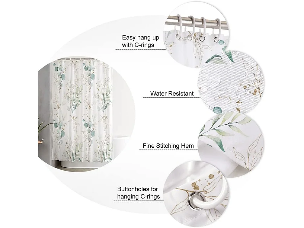 Rideau de douche décoratif imperméable à imprimé feuilles avec 12 crochets, décoration de baignoire et rideau de porte – 150 x 180 cm