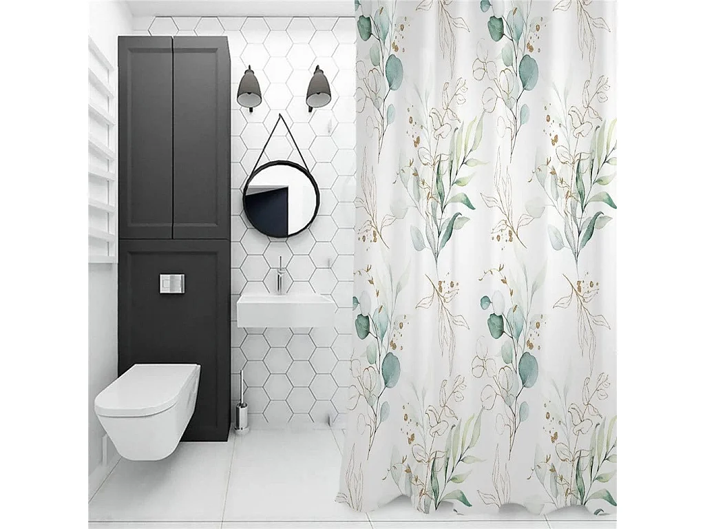 Rideau de douche décoratif imperméable à imprimé feuilles avec 12 crochets, décoration de baignoire et rideau de porte – 150 x 180 cm