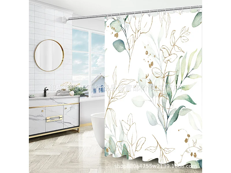 Rideau de douche décoratif imperméable à imprimé feuilles avec 12 crochets, décoration de baignoire et rideau de porte – 150 x 180 cm