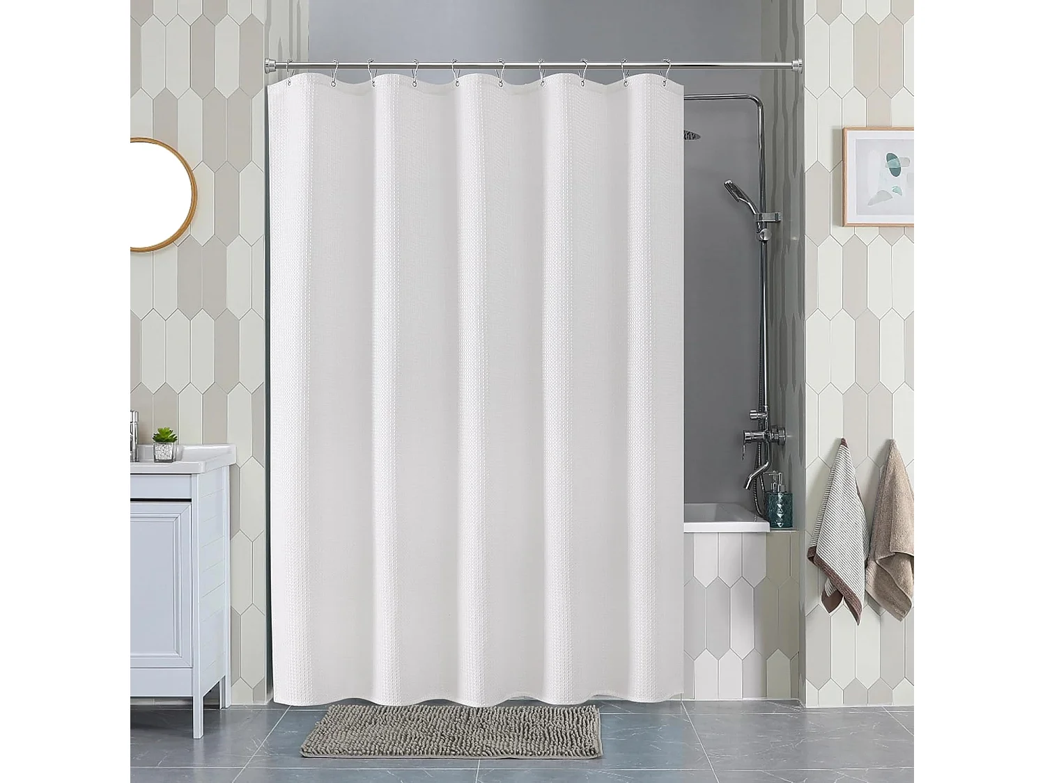 Rideau de douche gaufré avec anneaux métalliques, tissu polyester imperméable et résistant à la moisissure – 152x182CM (Blanc)