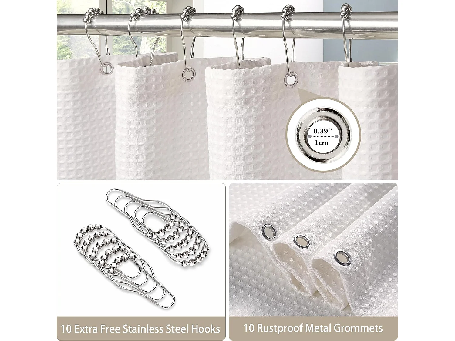 Rideau de douche gaufré avec anneaux métalliques, tissu polyester imperméable et résistant à la moisissure – 152x182CM (Blanc)
