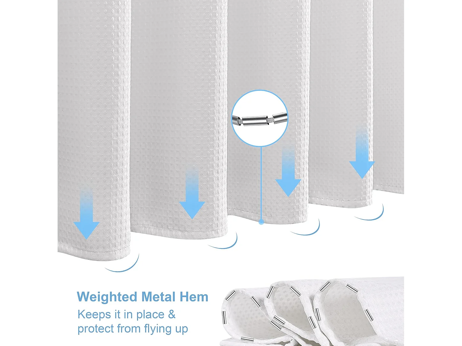 Rideau de douche gaufré avec anneaux métalliques, tissu polyester imperméable et résistant à la moisissure – 152x182CM (Blanc)