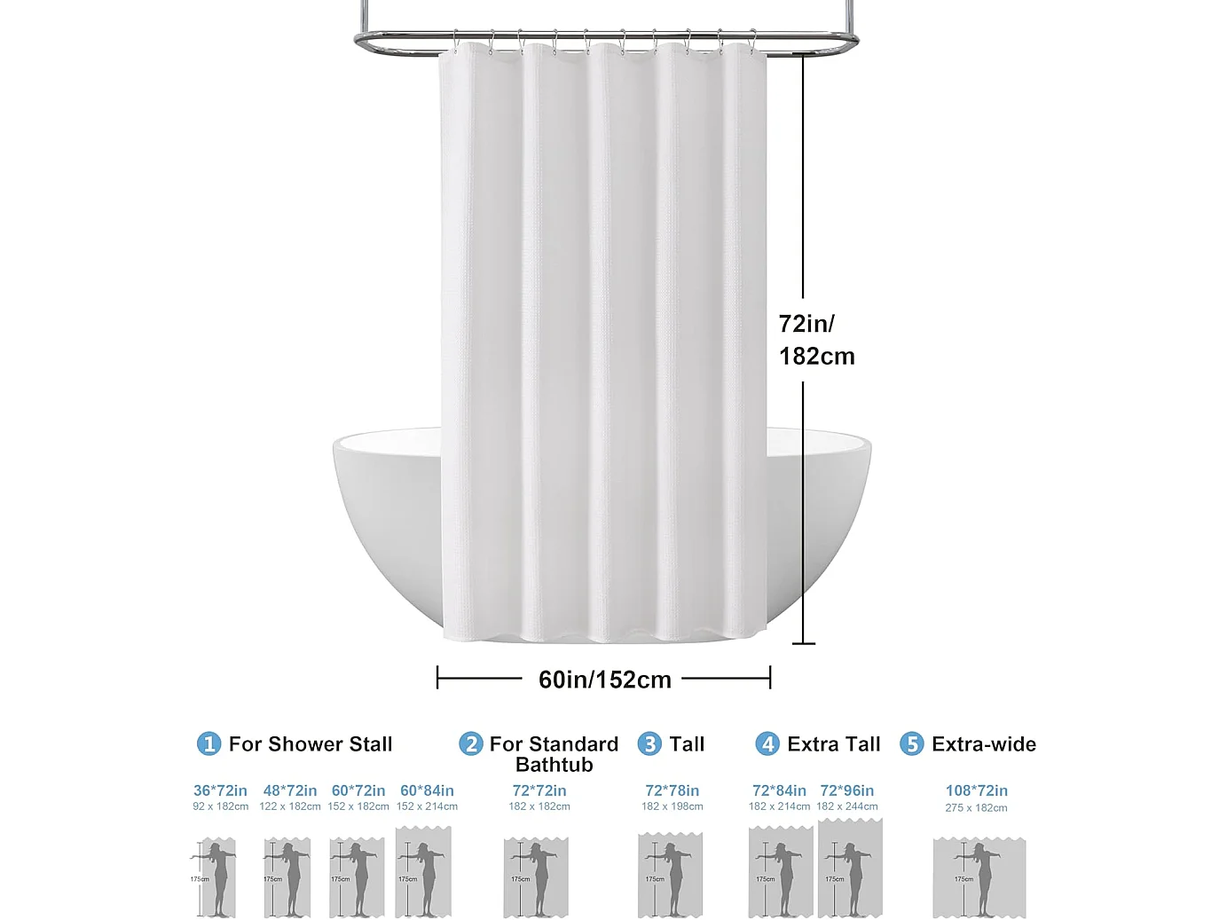 Rideau de douche gaufré avec anneaux métalliques, tissu polyester imperméable et résistant à la moisissure – 152x182CM (Blanc)