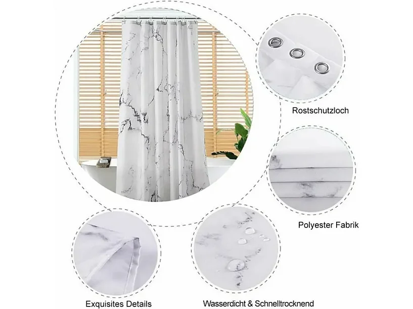 Rideau de Douche en Tissu Imperméable avec Ourlet Renforcé - Différentes Tailles - Motif Marbre - Lavable en Polyester - 180 x 200 cm